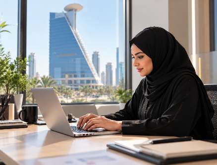 Middle Eastern man focused on work at a modern office desk with a laptop.